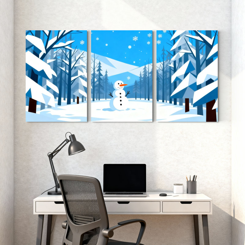 «Winter forest Snowy Forest Winter Scene with Snowman», ensemble de 3 impressions sur toile, H 24 po x l 48 po