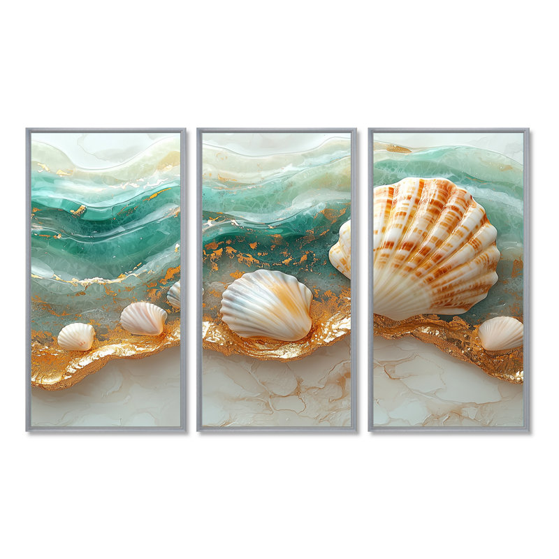 Coquillage et sable émeraude I - art mural côtier large - 3 panneaux, H 28 po x l 36 po, Argent argent