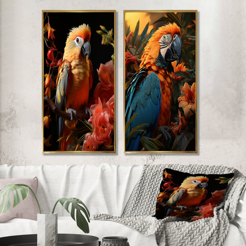 Perroquet tropical Serenade - ensemble de salon mural art perroquet de 2, Encadrement doré, H 40 po x l 41 po