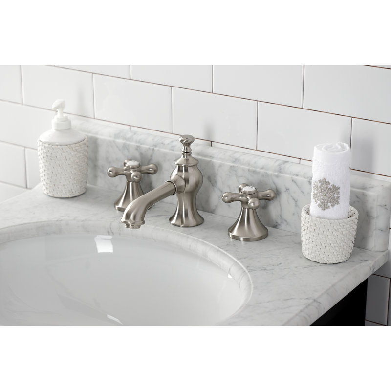 Kingston Brass Vintage Two-Handle 3-Hole Deck Mount Widespread Bathroom Faucet with Brass Pop-Up Drain, Brushed Nickel