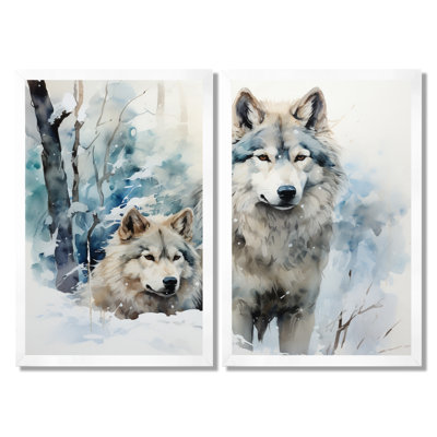 Neige loups en hiver - loup, reproduction d'art sur toile, animaux gris, ensemble de 2