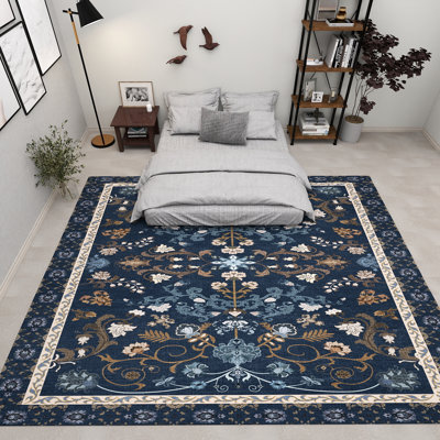 Living Room Rug 8x10 ft Dark Blue Area Rug Machine Washable Rug, Non Slip Vintage Rug Stain Resistant Indoor Large Carpet for Bedroom, Distressed Retro Floor Rug for Classroom, Dorm, Dining Room