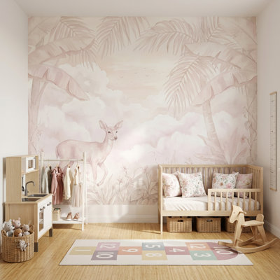 Pastel Tropical Landscape Wallpaper Deer Fawn Palm Trees Wall Mural