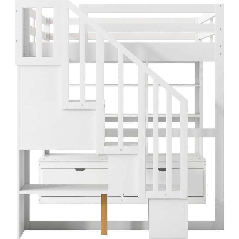 White Full Loft Bed With Desk, Shelves, Two Drawers & Robust Practical Storage Staircase 2 Large Secure Efficient -