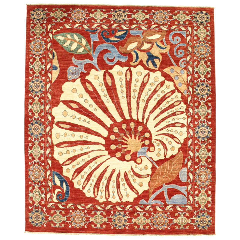 Suzani Wool Oriental Area Rug in Red/Ivory/Light Green