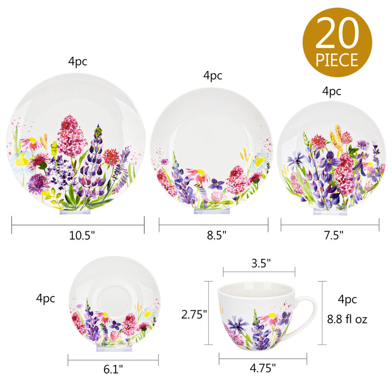 Summer Aquarelle 20 Piece Bone China Dinnerware Set - Service for 4