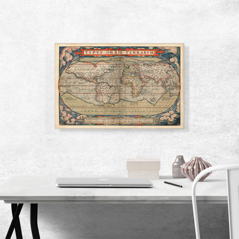 " Ortelius World Map 1570 " by Abraham Ortelius, 18" H x 26" W x 1.5" D