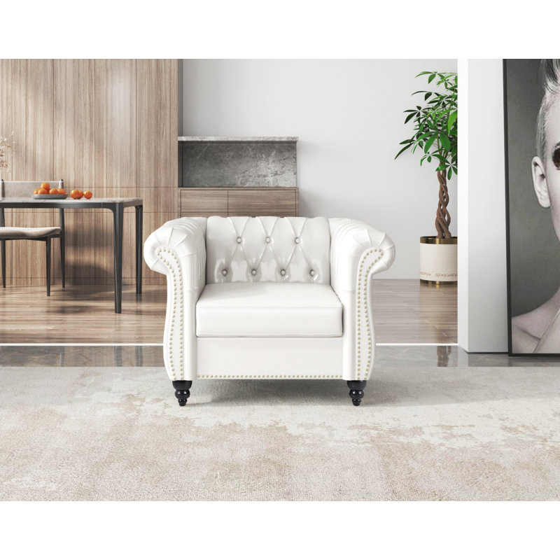 Fauteuil Chesterfield l 39 po Fairport, Similicuir blanc