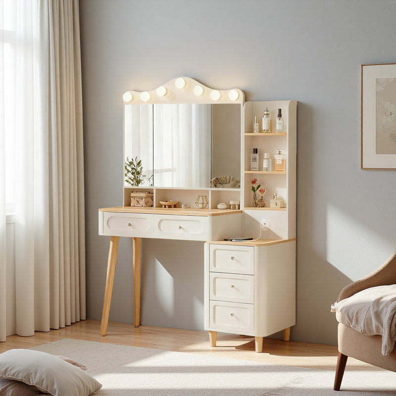 Vanity Desk With Mirror And Lights,Makeup Vanity With 2 USB Power Strip,Vanity Set With Two Drawers And Three-Drawer Chest, 3 Lighting Modes Adjustable Brightness, Foldable Three-Sided Mirror
