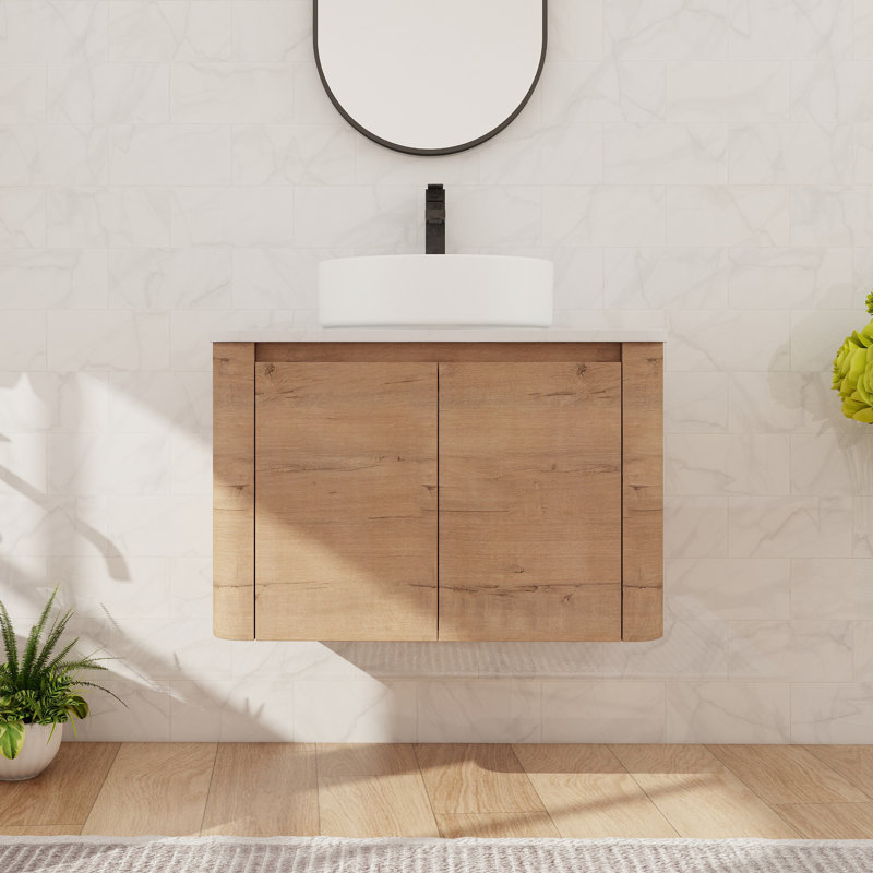 30'' Single Floating Bathroom Vanity With Ceramic Art Sink, Wall Mounted Bathroom Vanity With 2 Soft Close Doors, White