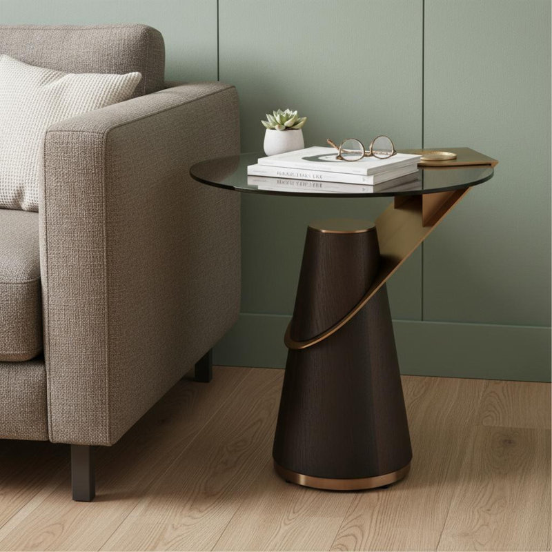 Table de bout ronde à piédestal en acier inoxydable et bois massif 22 po