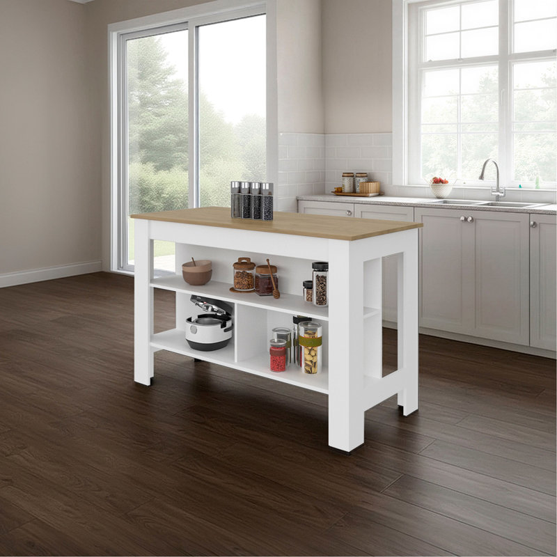 Îlot de cuisine Ruso, 3 tablettes ouvertes spacieuses, design moderne, blanc, White