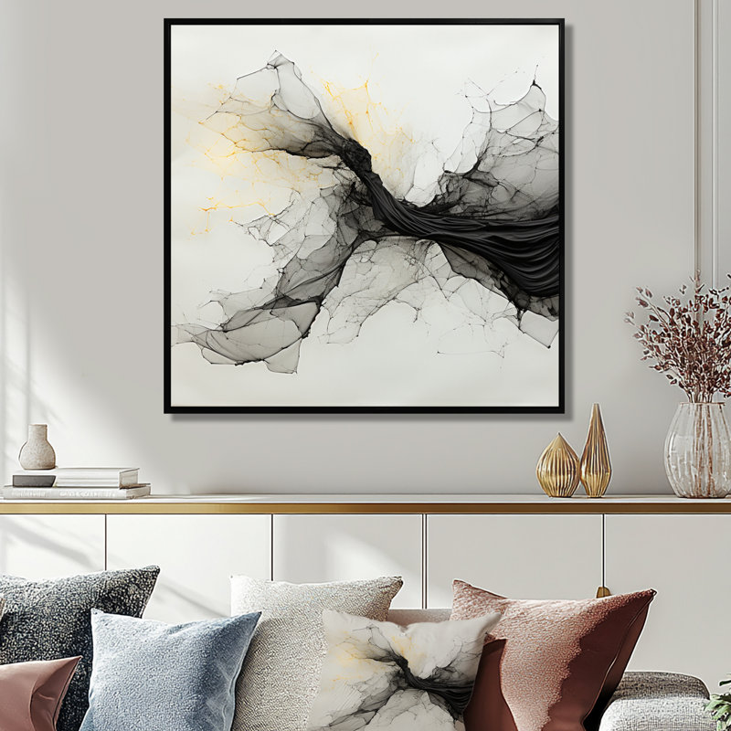 Délicats mouvements monochromes monochromes - Encre liquide, art mural abstrait, salon, Toile avec cadre flottant noir