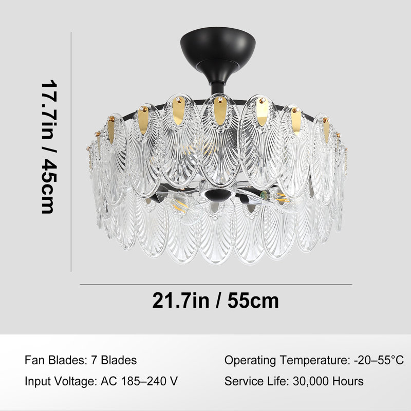 Crystal Ceiling Fan with Lighting, LED Ceiling Lamp with Fan and Remote Control, Quiet Fan Ceiling Light, Reversible, 6 Speeds, Timer