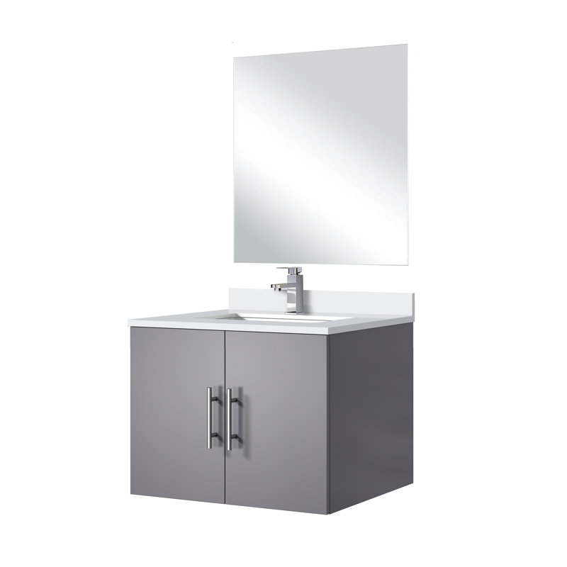 Meuble-lavabo gris foncé de 61 cm x 56 cm, comptoir en quartz blanc, robinetterie et miroir de 46 cm inclus - Résistant aux rayures et aux taches pour une durabilité accrue.