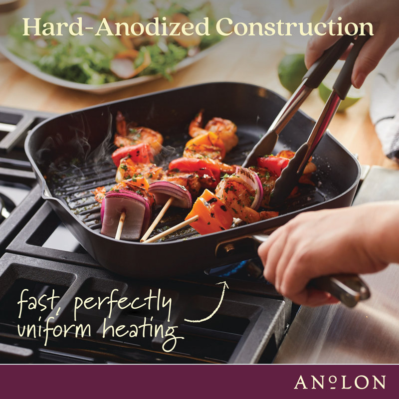 Anolon Advanced Home Hard Anodized Nonstick Deep Square Grill / Griddle Pan With Pour Spouts,11 Inch, Gray