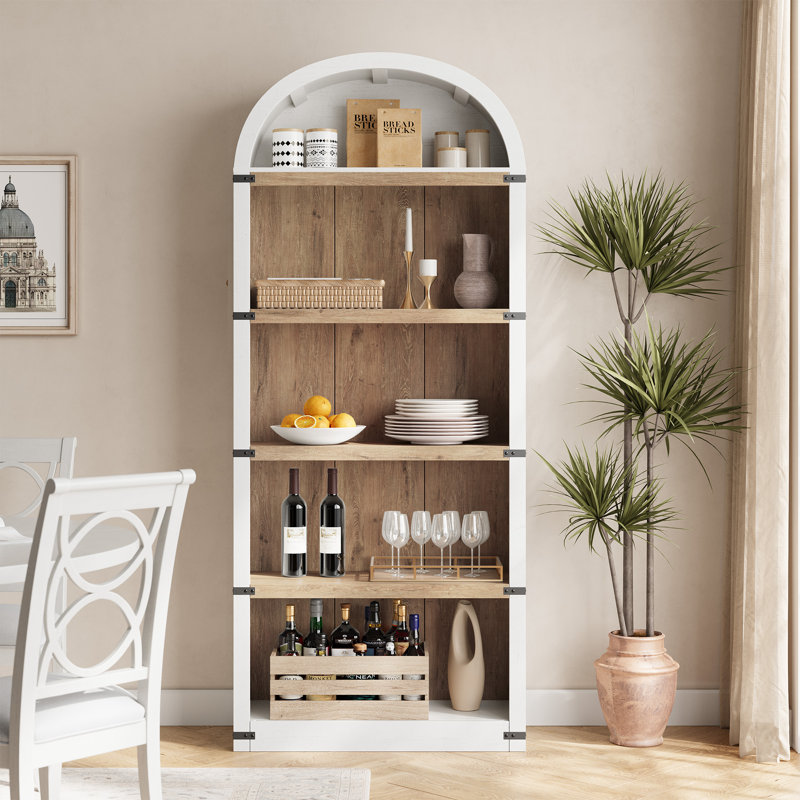 Bibliothèque arquée moderne à 5 niveaux avec portes - Armoire de bibliothèque haute pour bureau à domicile, salon, chambre à coucher - blanc antique + dossier en bois
