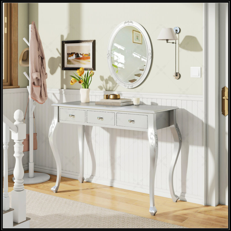 Meuble-lavabo de luxe avec miroir ovale et rangement à 3 tiroirs, console élégante pour la décoration intérieure, argent