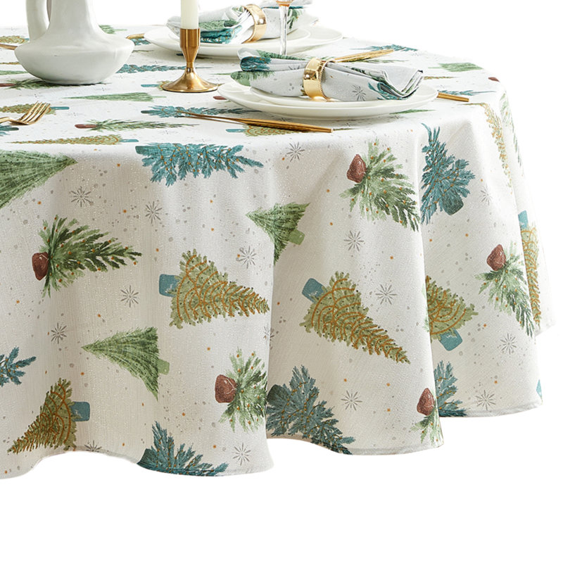 Lucina Twinkle Trees Holiday Off-White Polyester Round Tablecloth