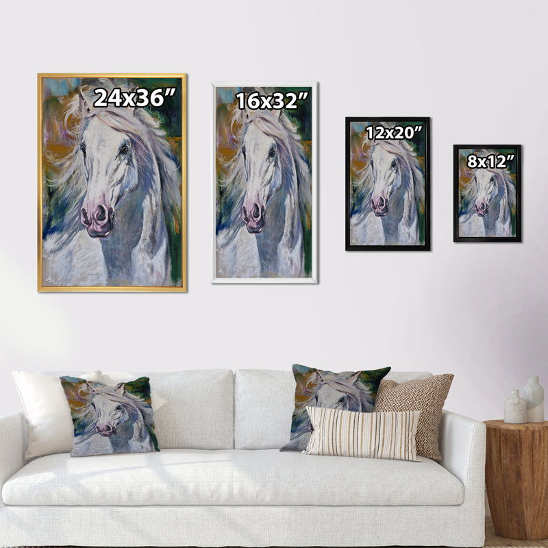 Magnifique cheval blanc - peinture, H 12 po x l 8 po x P 1 po, Cadre flottant noir
