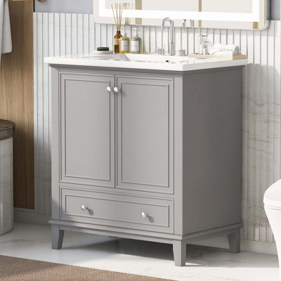 Ensemble de meuble-lavabo avec cadre solide 30 po et panneau de fibres à densité moyenne avec lavabo, armoire avec portes et tiroir