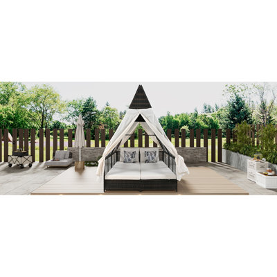 Lit de jour d'extérieur Lit de patio avec dossier réglable Double chaise longue d'extérieur avec rideaux, 4 coussins pour la terrasse du jardin Balcon au bord de la piscine (très grand lit)