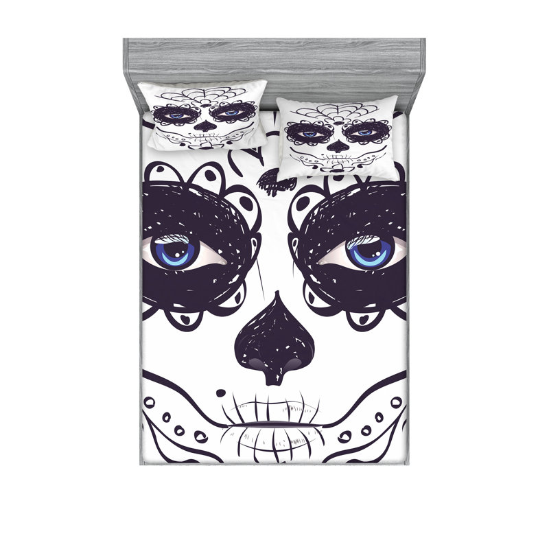 Drap-housse et taie décorative Ambesonne Sugar Skull, noir, blanc et bleu, Ensemble de draps pour taille de lit très grand +