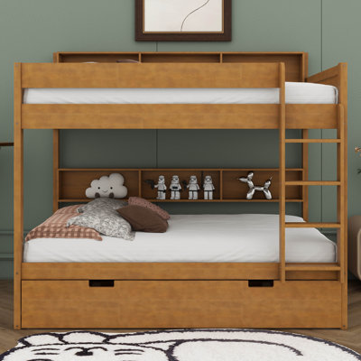 Lit superposé avec rangement et lit gigogne, structure de lit superposé en bois peu encombrante avec tablettes de chevet