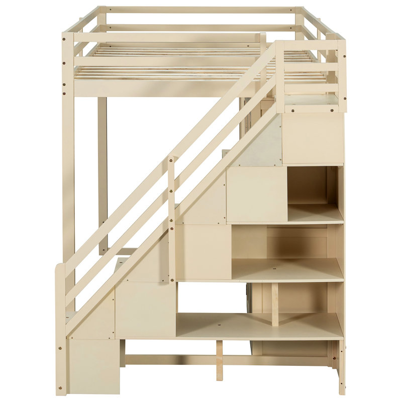Lit mezzanine avec escalier de rangement, coiffeuse intégrée avec miroir et tiroir, garde-robe et armoires, ports et lumières de chargement USB