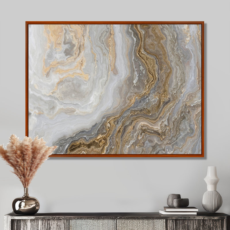 Art mural en marbre - marbre blanc avec veines de gris Curley et or - reproduction d'art sur toile, H 12 po x l 20 po, Brun
