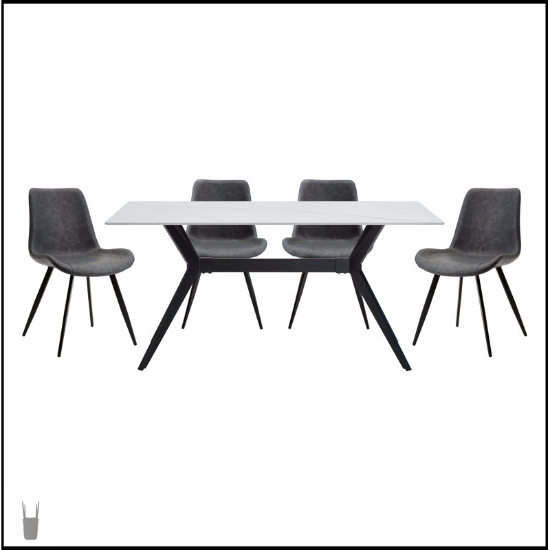 Ensemble de table de salle à manger moderne 5 pièces avec 4 chaises rembourrées, plateau en pierre frittée et pieds en métal noir pour les cuisines contemporaines