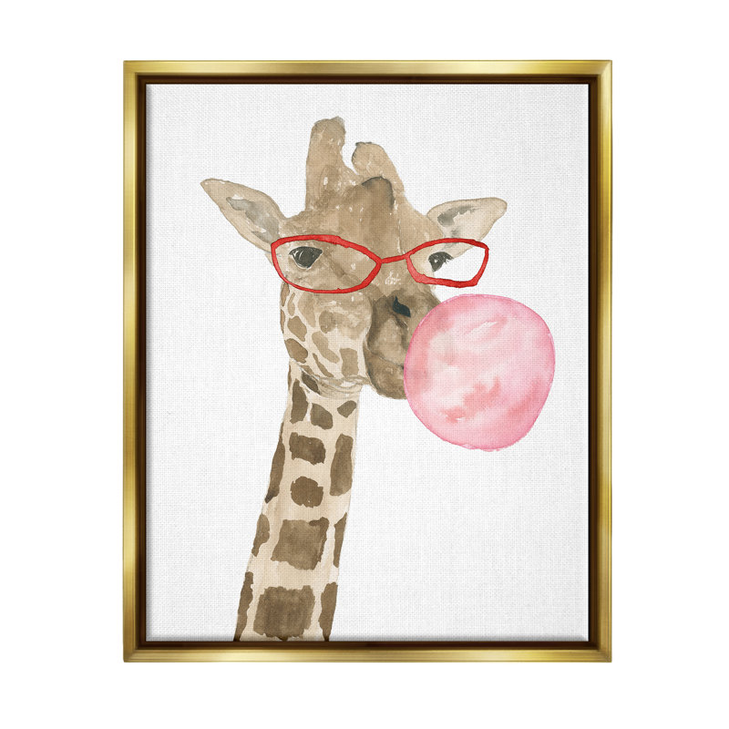 «Fun Giraffe Bubblegum Animal» par Lucille Price - impression, H 21 po x l 17 po x P 1,7 po, Cadre flottant métallique doré