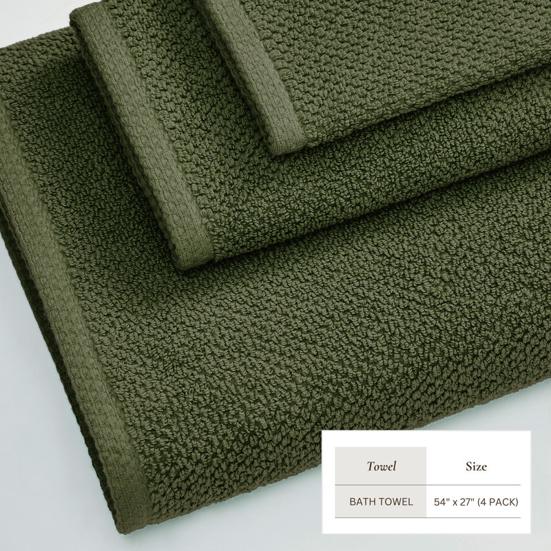 100% Cotton Textured Bath Sheet, Forest Green, Bath Towel - 4 Pack