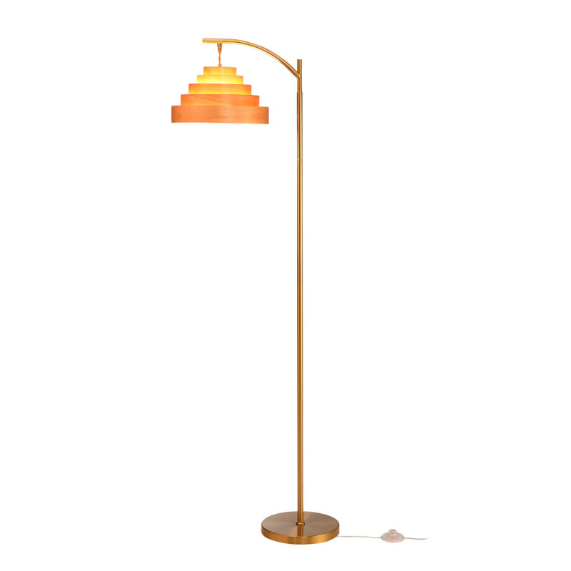 Lampe sur pied, lampe sur pied moderne Mid-Century avec abat-jour en bois stratifié, lampe de lecture haute (laiton antique)