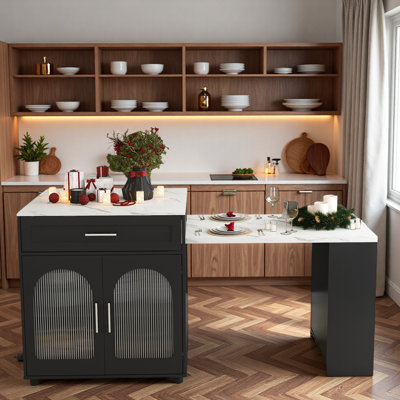 Expandable Kitchen Island With Dining Table, Power Outlet, 2 Drawers, Open Shelves And Movable Wheels