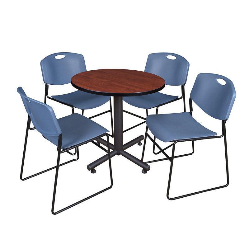 Nicklos Round X-Base Breakroom Table, 4 Zeng Stack Chairs, Cherry, Blue