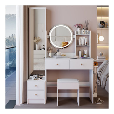 Armoire à miroir pleine grandeur + coiffeuse à miroir rond à DEL + tabouret rembourré, avec 2 centrales électriques + 2 centrales USB, miroir à DEL de 17 po de diamètre, commande tactile, 3 couleurs, luminosité réglable, grand bureau