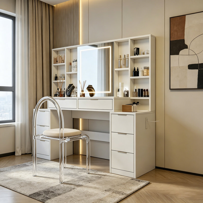 Makeup Vanity Desk with Mirror and Adjustable Lights, Large Table with 8 Drawers & Open Shelves, Perfect for Bedrooms and Girls