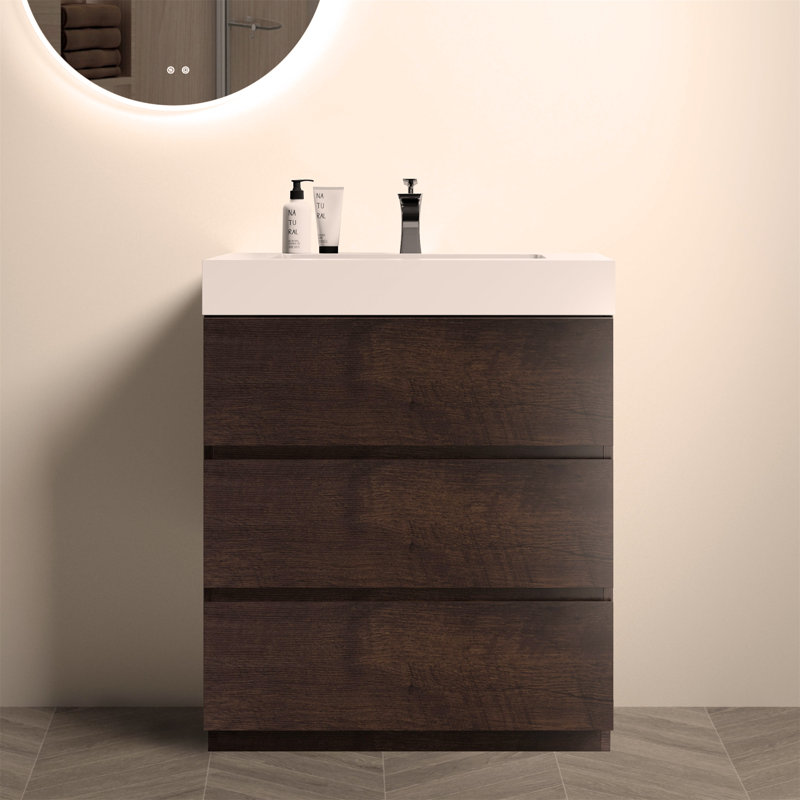 Meuble-lavabo autoportant de 30 po avec lavabo et grand rangement pour salle de bain, Noyer, Blanc