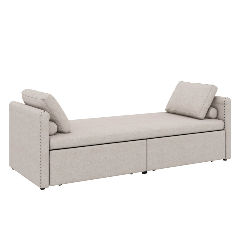 Lit de jour moderne rembourré avec méridienne moderne - petit format simple avec 2 tiroirs intégrés, Beige