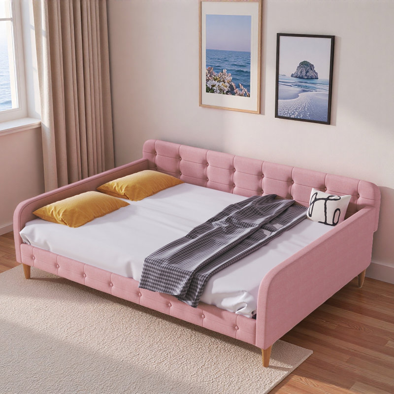 Upholstered Daybed With 4 Support Legs And Button Tufted Design, Full/Double, Pink