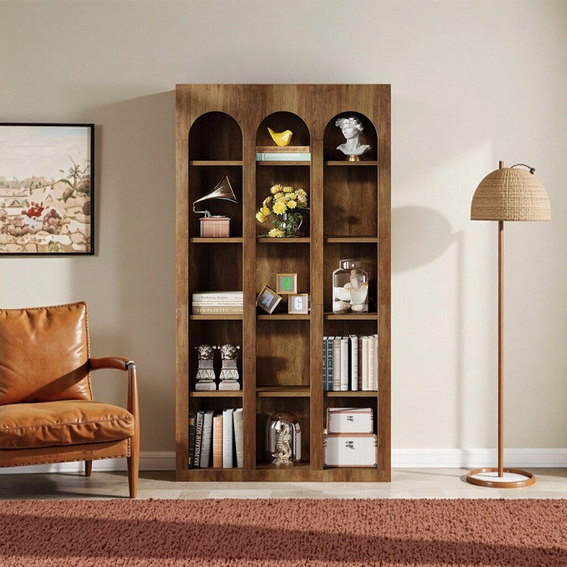 5-Tier Rustic Brown Farmhouse Bookcase – Arched Mid-Century Design