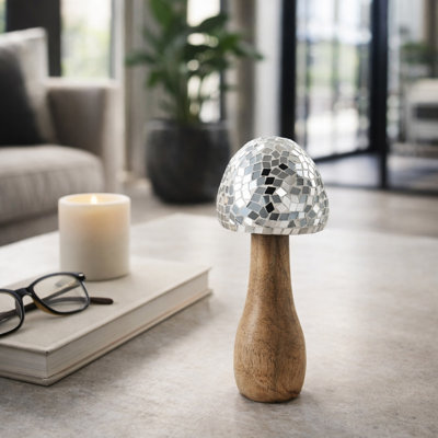 Decorative Wooden Mushroom Silhouette Figurine Sculpture for Tabletop Decor - Whimsical Living Room Object Accent for Home Decoration - 8", Silver & Metallic