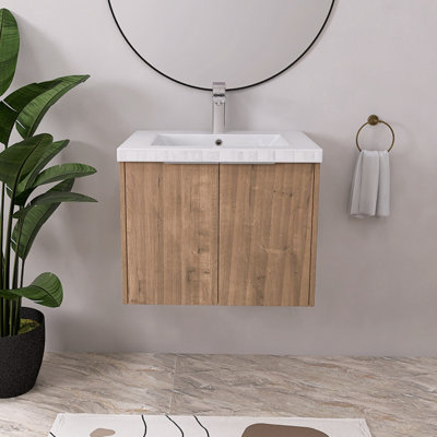 Ensemble de meuble-lavabo simple, meuble-lavabo 24 po avec lavabo, meuble-lavabo flottant 24 po pour petit espace, meuble-lavabo mural Mordern, ensemble d'armoires murales brunes