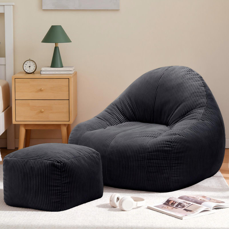 46" Wide Corduroy Bean Bag Chair with Ottoman, Memory Foam Large Lazy Floor Sofa for Adults, Oversized Comfy Gaming Beanbag Lounger Seat for Living Room Bedroom, Holds Up to 500 LBS