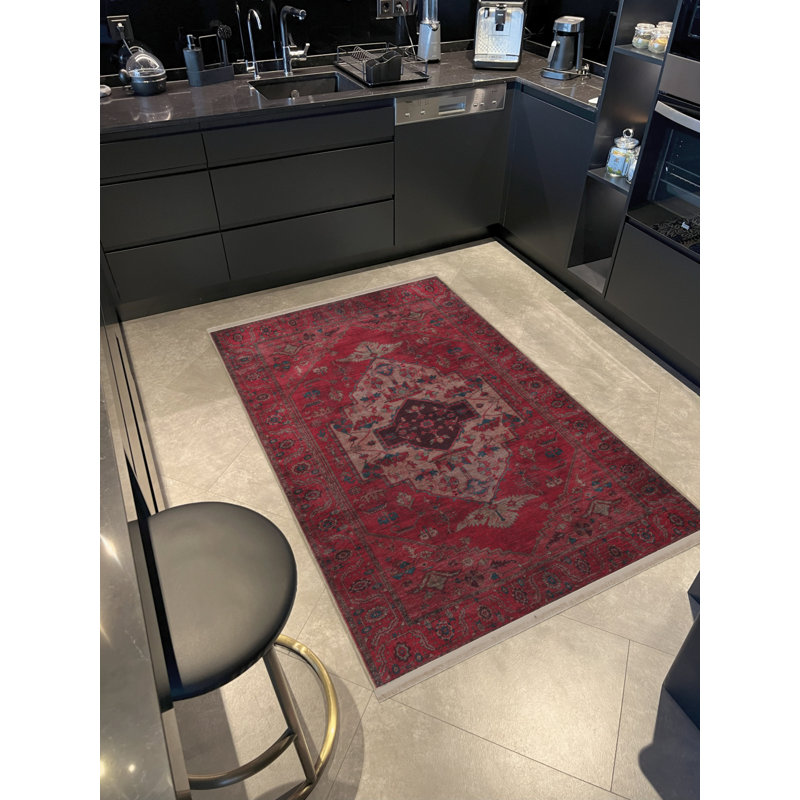 Tapis décoratif rétro à motif traditionnel rose foncé, Rectangle 4 pi 4 po x 6 pi 3 po