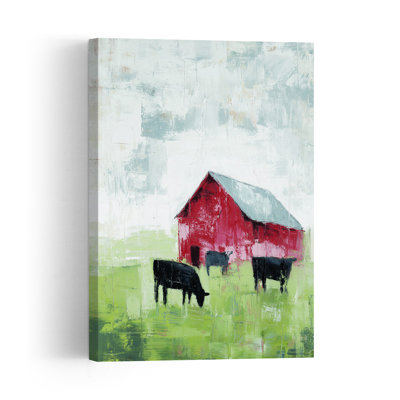 Grazing By The Stable Modern Abstract Cow Landscape Architecture Wall Art Print 1 Piece Wrapped Canvas Wall Art