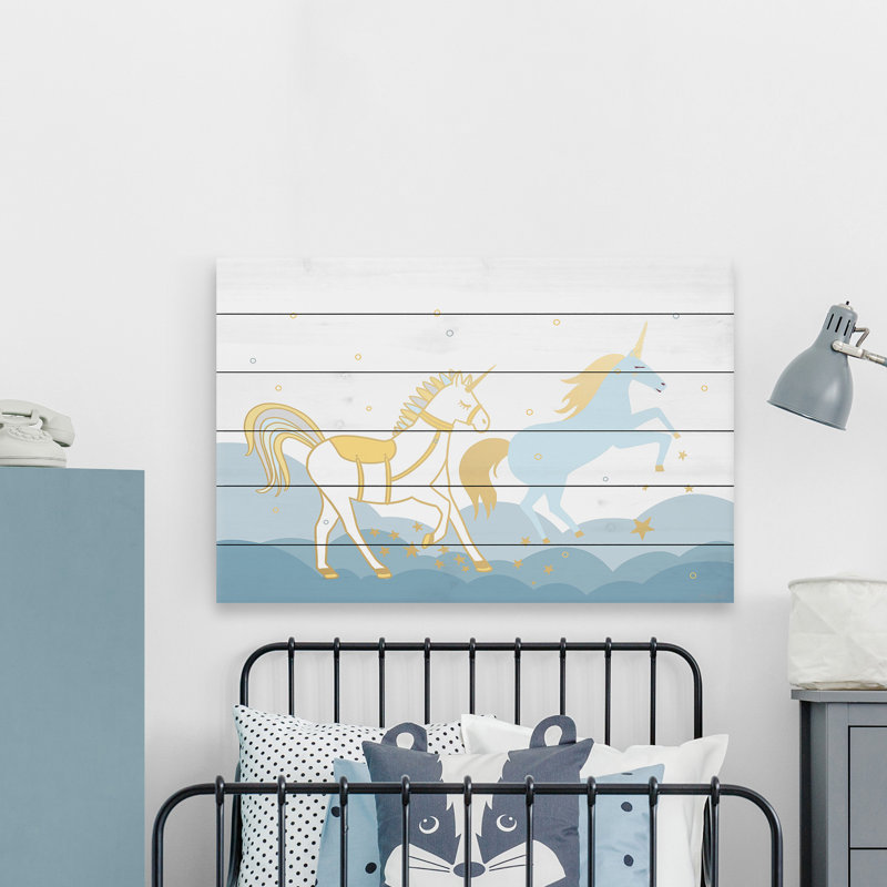 Gerritt, les licornes arrivent, impression sur bois blanc, H 24 po x l 36 po x P 1,5 po