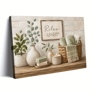 Green Plant Ceramic Vase Bathroom Relax Quote Farmhouse Canvas Art, Wrapped Canvas, Ready to Hang