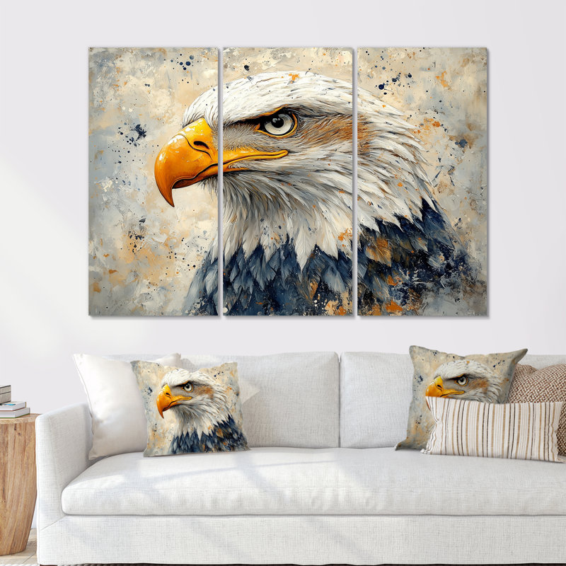 Portrait d'aigle chauve jaune et bleu, Métal métal, H 28 po x l 36 po x P 1 po